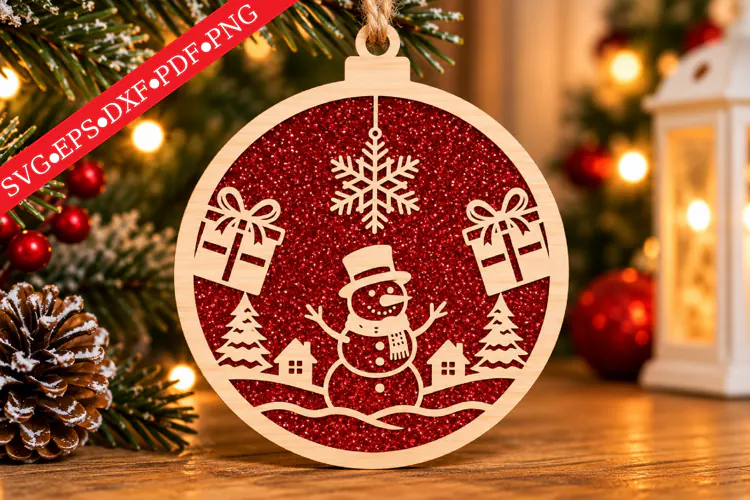 Festive Snowman Red Glitter Ornament SVG