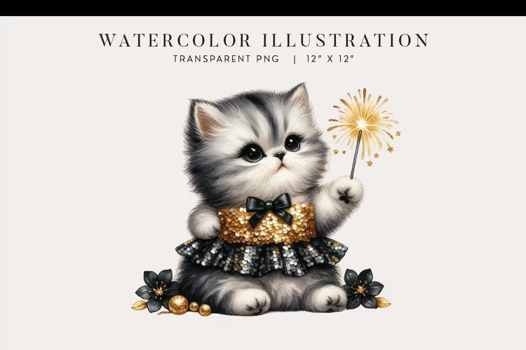 Festive Watercolor Kitten with Sparkler Clipart PNG