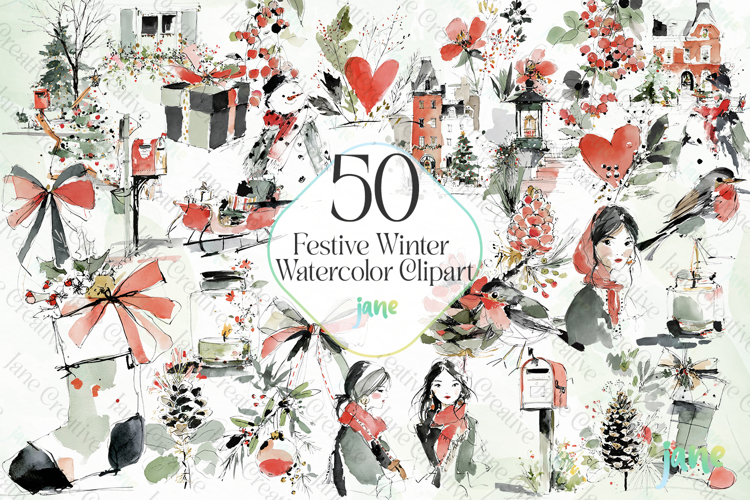 Festive Winter Watercolor Clipart