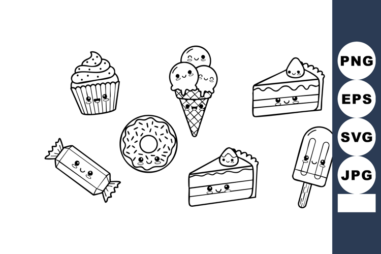 Cute hand drawn dessert icons with cupcake donut ice cream c