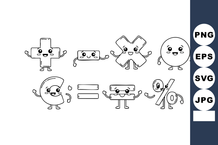 Cute math symbols with happy faces and arms vector illustrat