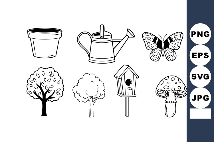 Garden tools and nature elements including pot, watering can