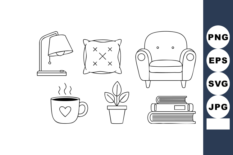 Home comfort icons set with armchair lamp coffee plant pillo