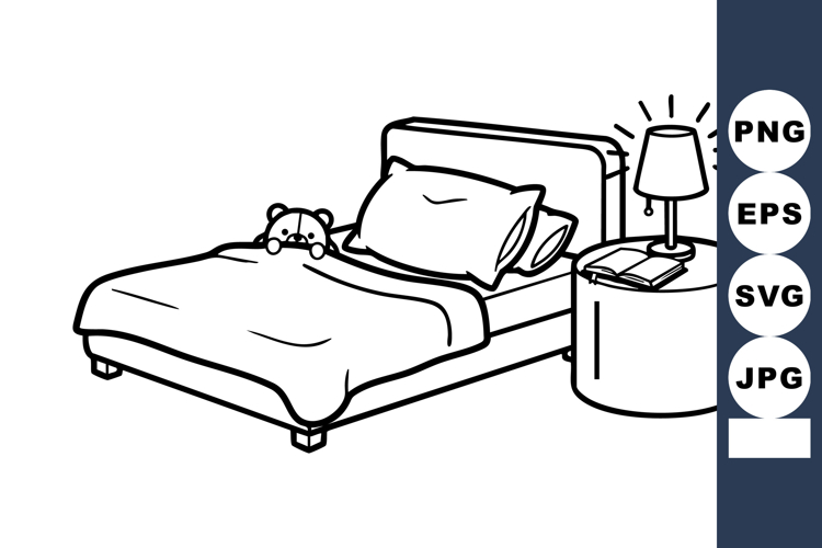 Bed with pillow teddy bear and bedside table with lamp and b