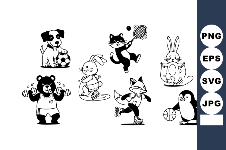 Cartoon animals playing different sports with balls and rack
