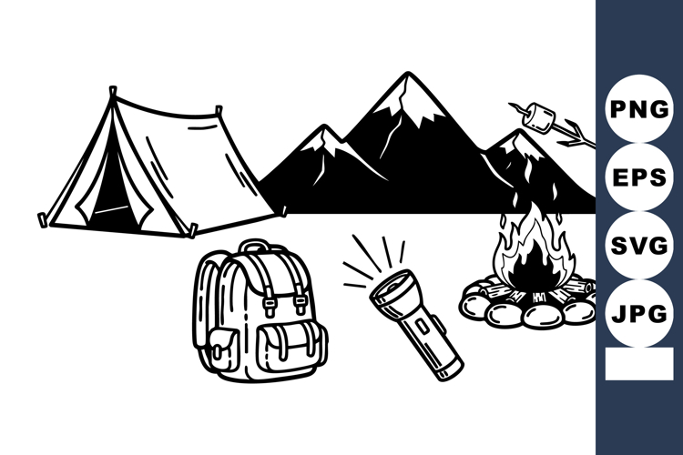 Camping equipment with mountains backpack flashlight campfir