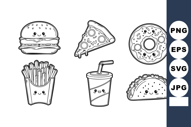 Cute fast food icons with happy faces including burger, pizz