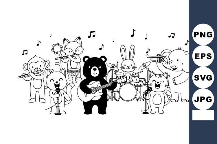Cute animal band playing musical instruments with singing be