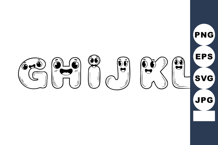 Cartoon style letters G H I J K L with expressive faces and