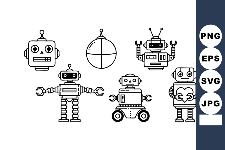 Set of five black and white retro robots with different shap