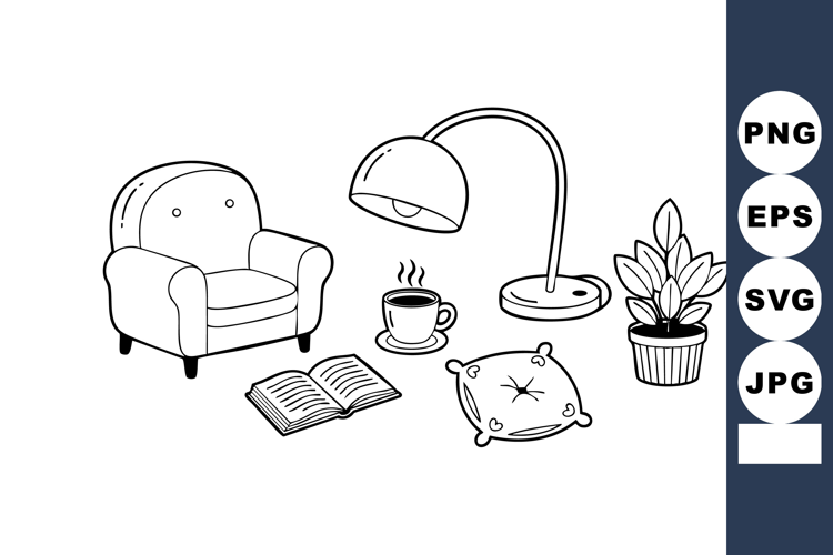 Cozy armchair with floor lamp, cup of coffee, open book, cus