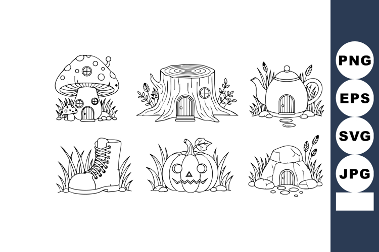 Cute black and white vector illustrations of mushroom house,