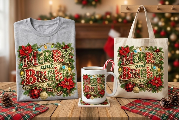 Merry and Bright Christmas PNG, Buffalo Plaid Holiday Sublim