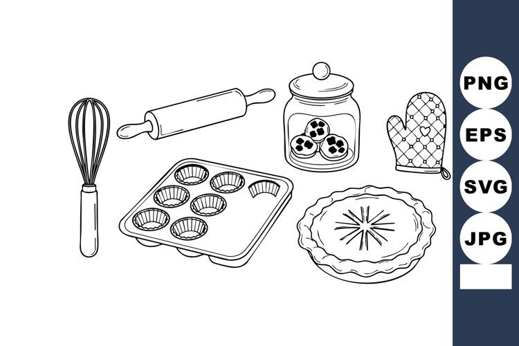 Baking utensils with pie, cookies jar, whisk, rolling pin, o
