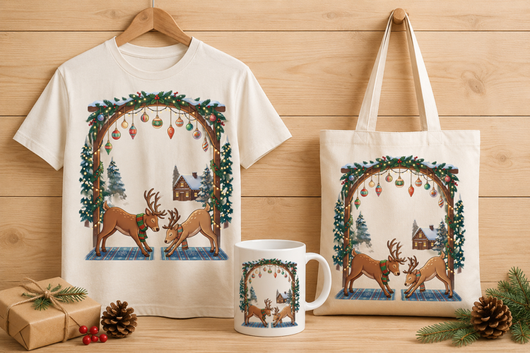 Reindeer Couple Stretching Under Christmas Arch Art