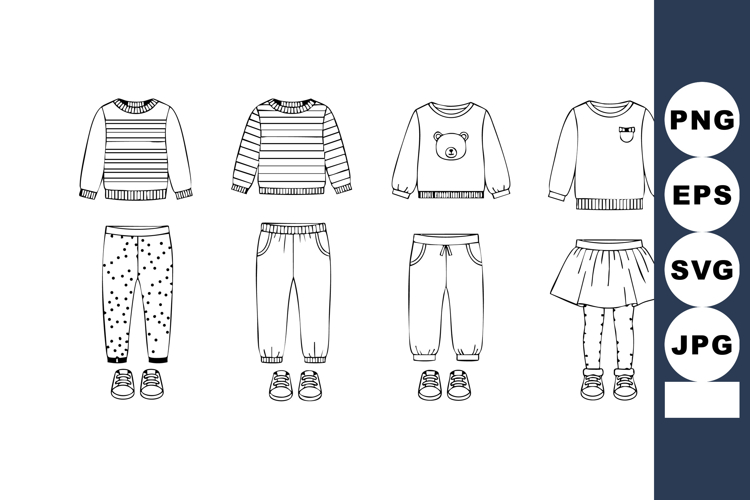 Childrens casual clothing vector set with sweaters pants and