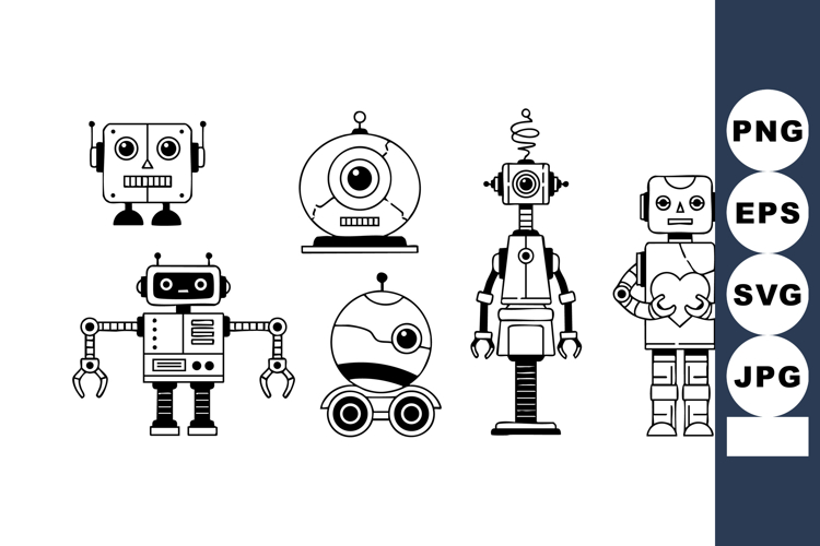 Collection of retro and modern robot designs in black and wh