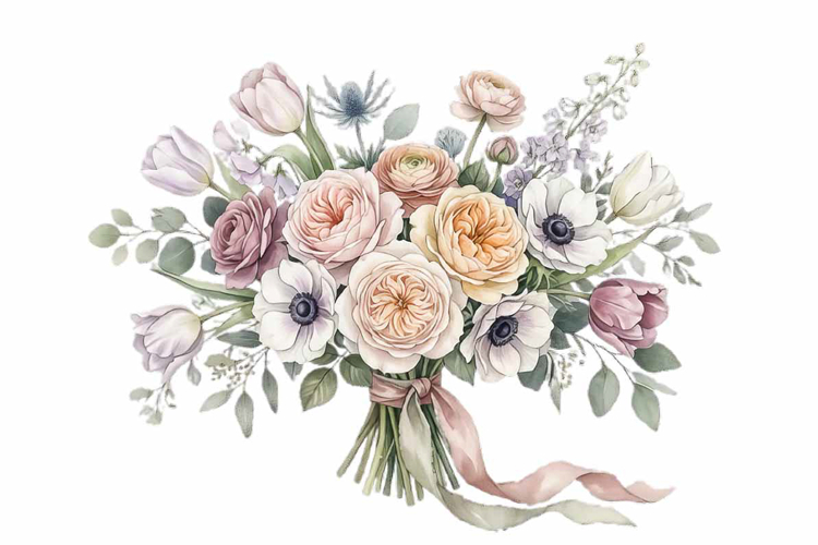 Watercolor peony bouquet with green leaves