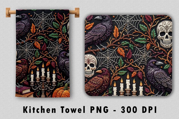 Gothic Raven & Skull Kitchen Towel Sublimation PNG example image 1