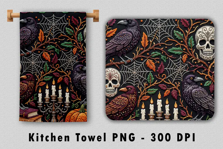 Gothic Raven & Skull Kitchen Towel Sublimation PNG
