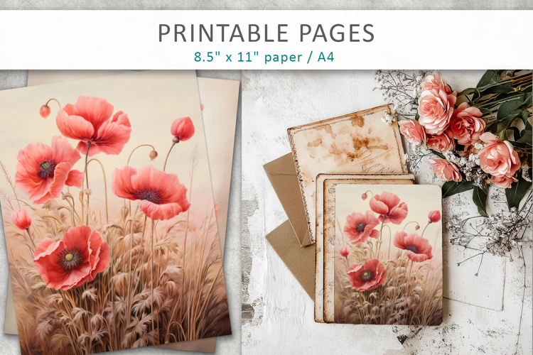Field floral scrapbook, poppies journal pages
