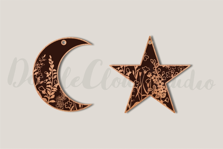Moon and Star Floral Earrings SVG Laser Cut. Floral Jewelry