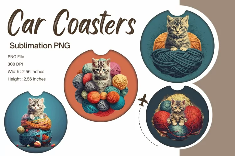 3D Cat Embroidery Car Coasters Animal Sublimation Template