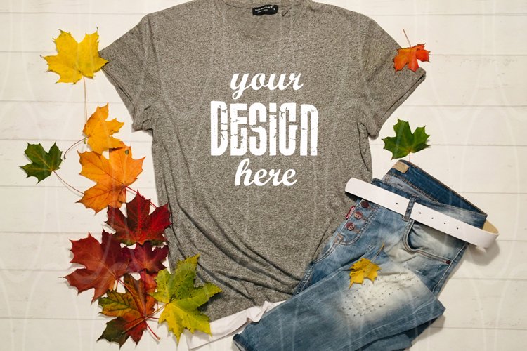 Mockup Gray T-shirt Jeans Autumn leaves Fall Thanksgiving