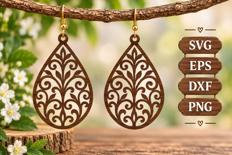 Filigree Vine Earring Teardrop Wooden Swirl Tree Laser SVG example image 1
