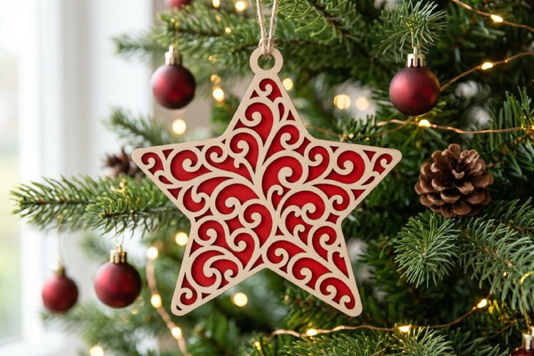 Filigree Wooden Christmas Star SVG Swirls Red Ornament example image 1