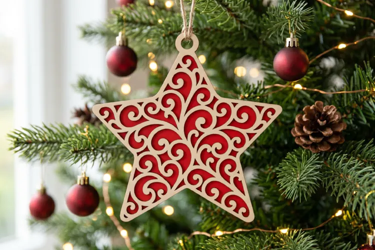 Filigree Wooden Christmas Star SVG Swirls Red Ornament