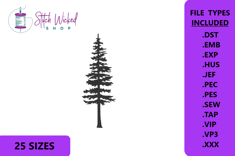 Simple Fir Tree Silhouette Embroidery Design, 25 Sizes
