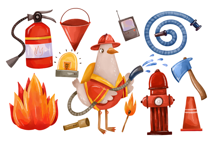 Firefighter Goose Clipart Set Hand Drawn Fire Rescue Element