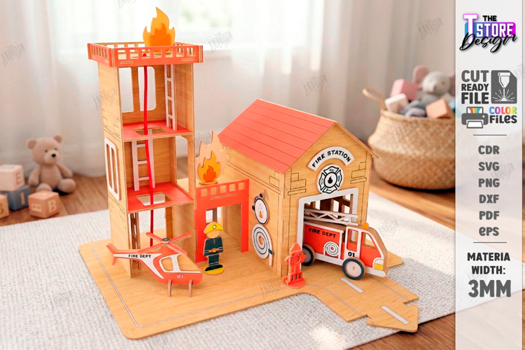 Wooden Fire Station Playset Laser Cut | Kids Laser | Toys