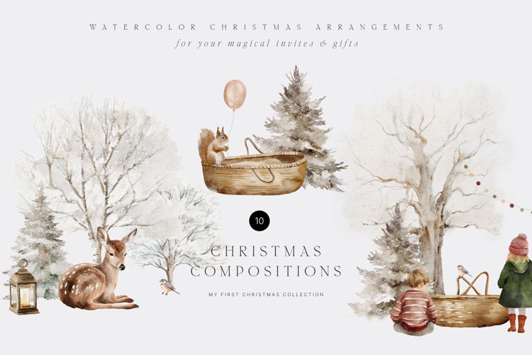 Christmas Animals Compositions, Watercolor Festive Clipart