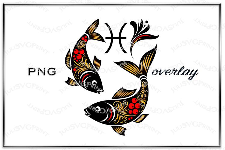 Two fish with floral folk art pattern and Pisces zodiac sign