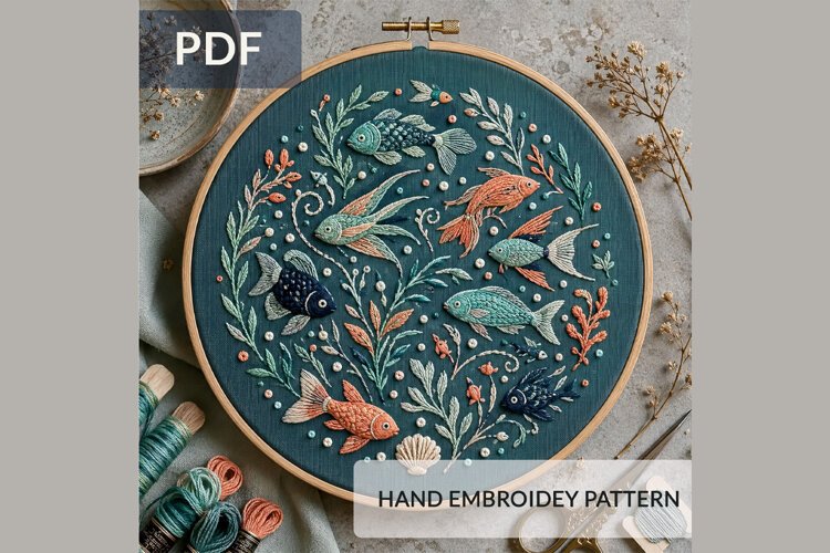 Ocean Fish Hand Embroidery Pattern PDF, Coastal Sea Life Emb example image 1