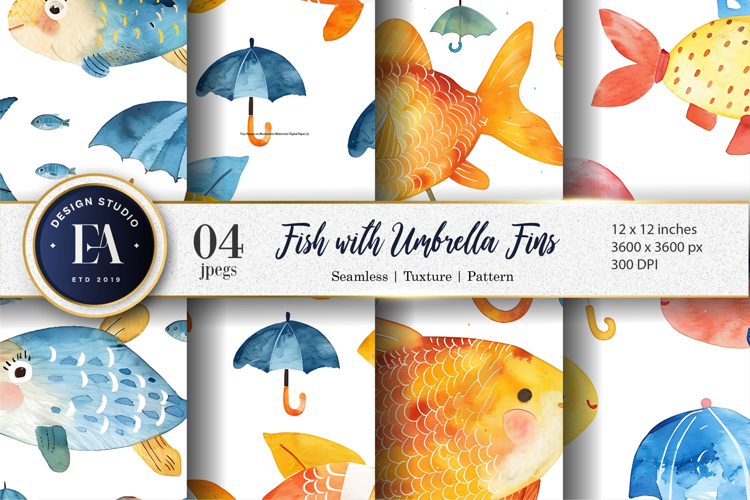 Fish with Umbrella Fins Watercolor Seamless Digital Paper