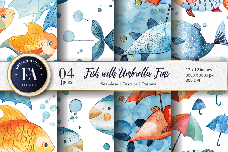 Magical Umbrella Finned Fish Watercolor Seamless Paper