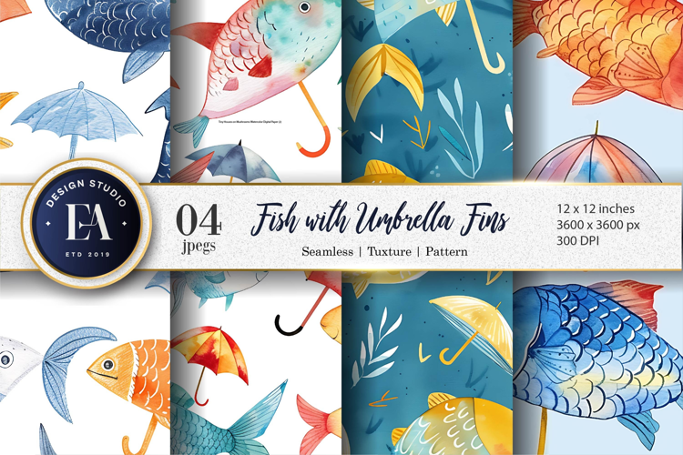 Fish with Umbrella Fins Watercolor Seamless Digital Paper