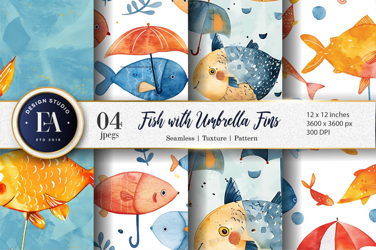 Fish with Umbrella Fins Watercolor Seamless Digital Paper
