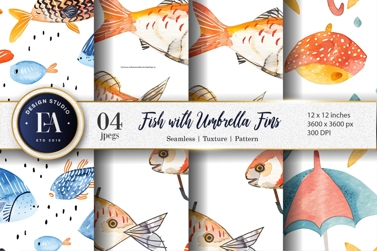 Fantasy Watercolor Fish with Umbrella Fins Digital Paper