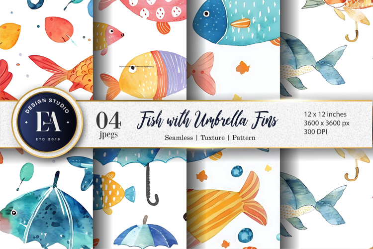 Fish with Umbrella Fins Watercolor Seamless Digital Paper