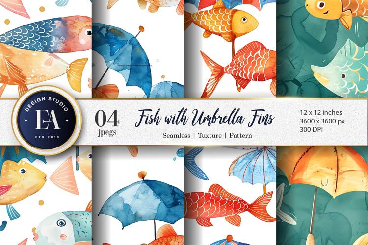 Fish with Umbrella Fins Watercolor Seamless Digital Paper