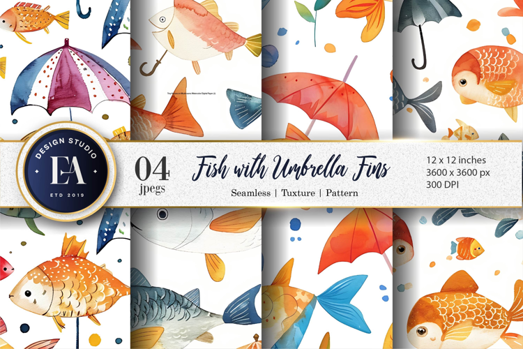 Fantasy Watercolor Fish with Umbrella Fins Digital Paper
