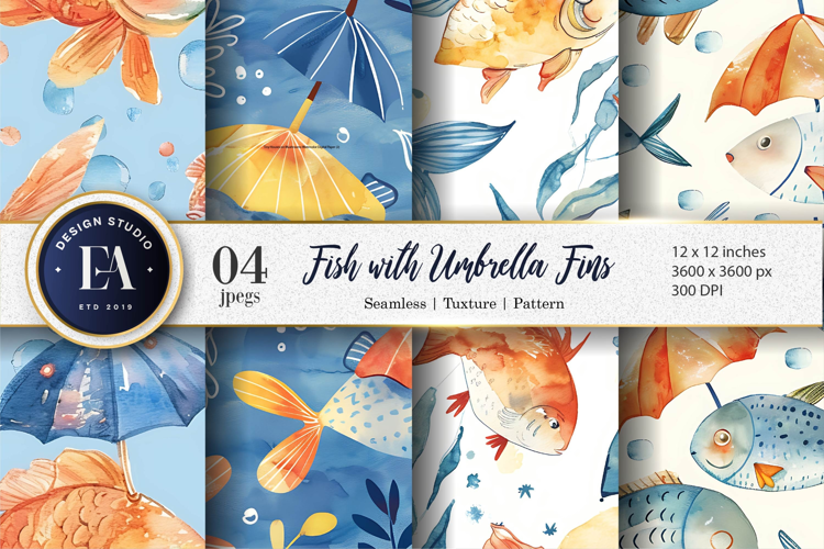 Fantasy Watercolor Fish with Umbrella Fins Digital Paper