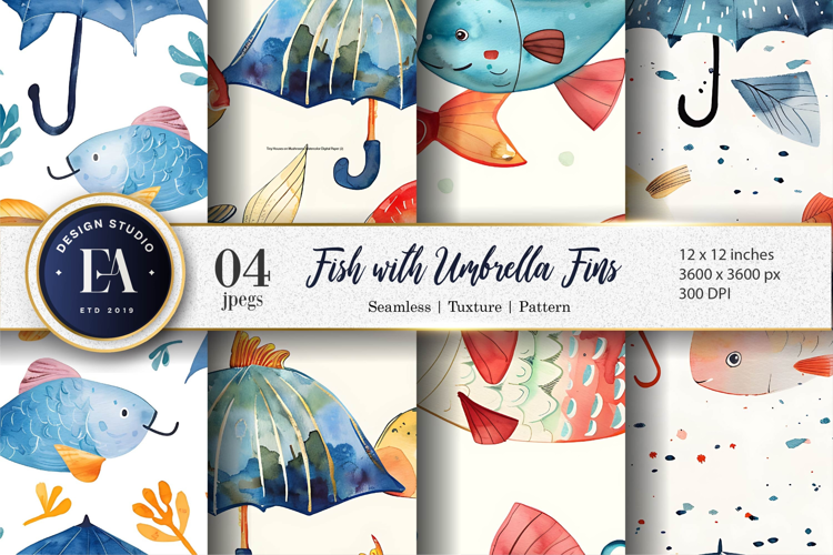 Magical Umbrella Finned Fish Watercolor Seamless Paper