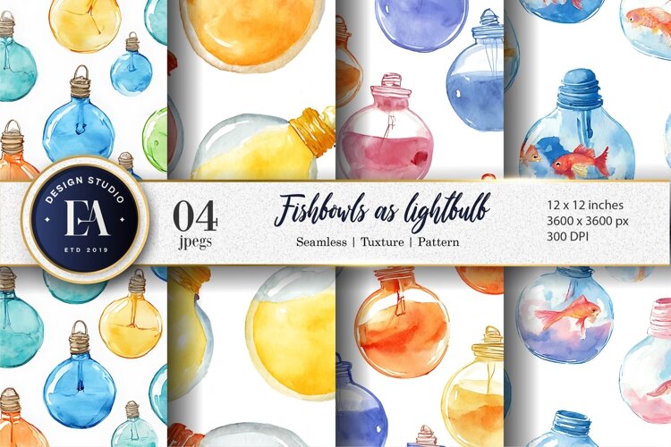 Fishbowls Shaped Like Lightbulbs Watercolor Digital Paper example image 1