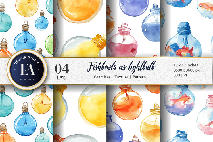 Fishbowls Shaped Like Lightbulbs Watercolor Digital Paper