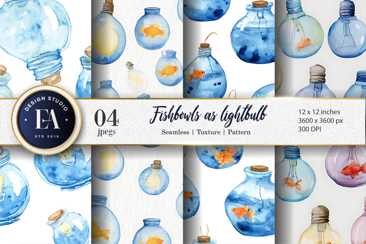 Fishbowls as Lightbulbs Watercolor Seamless Digital Paper